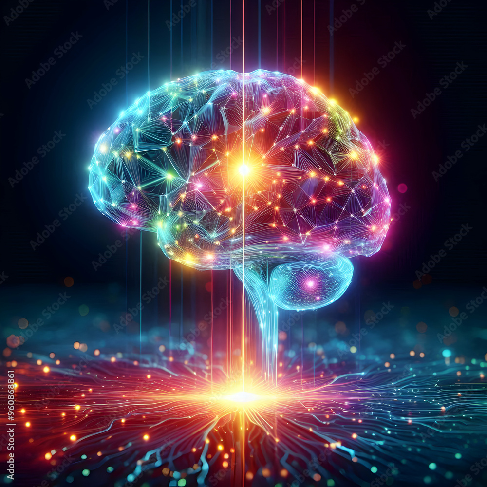 Poster futuristic ai-powered brain glowing with digital neural connections in vibrant colors on dark gradie