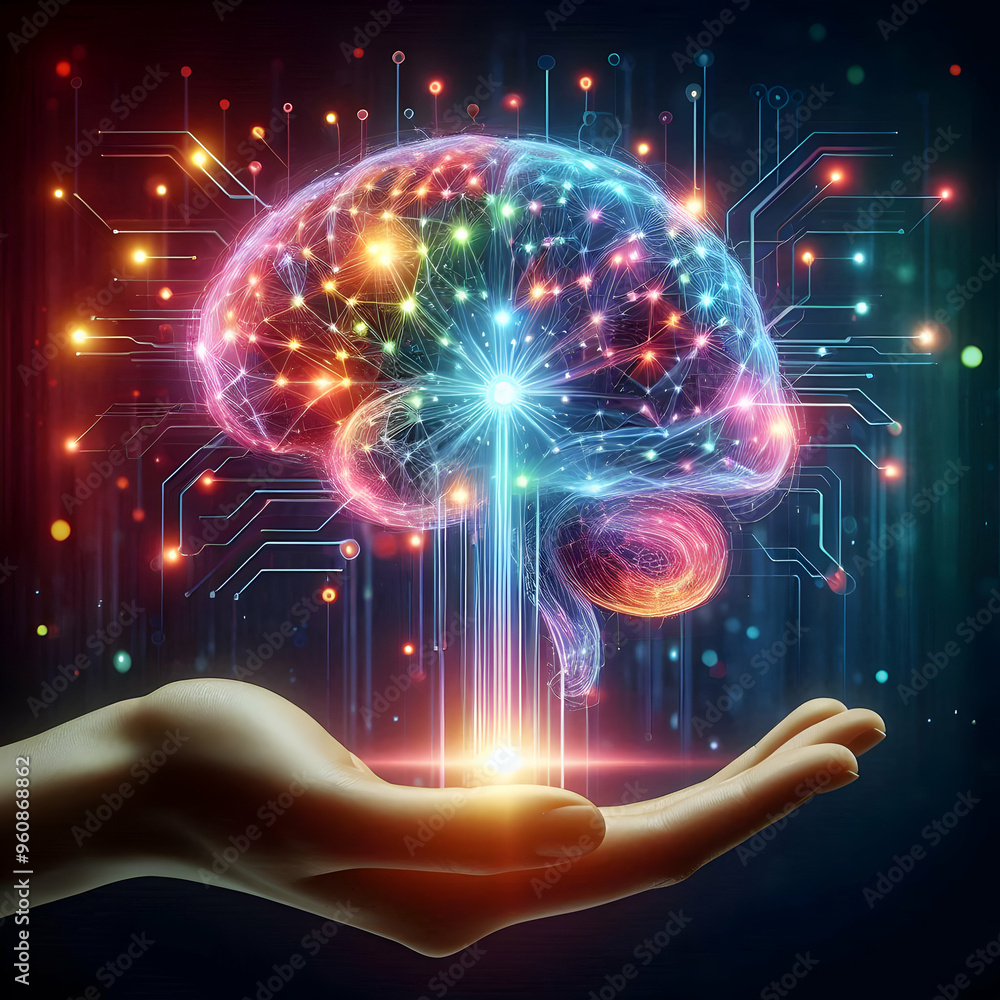 Poster ai powered brain with glowing digital connections - futuristic neural network in vibrant colors. ide