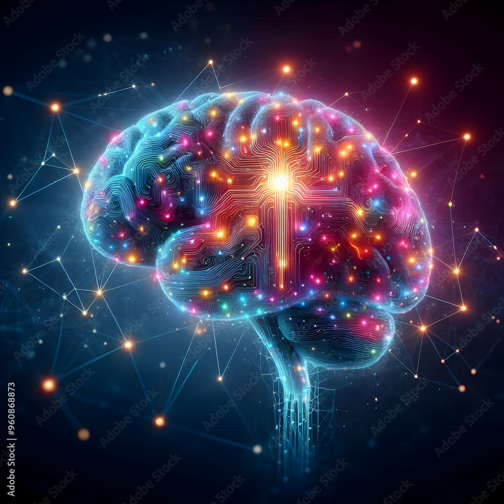 Poster ai powered brain with glowing digital connections - futuristic technology concept with vibrant neura
