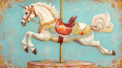 A vibrant carousel unicorn in mid-leap, showcasing its elegance and whimsical design.