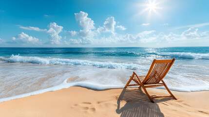 Obraz premium Relaxing Beach Chair on Sandy Shore with Ocean Waves