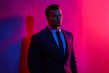 Obraz premium Modern Mens Tailored Navy Suit with Solid Neon Pink Background Fashion Portrait with Trendsetting Style