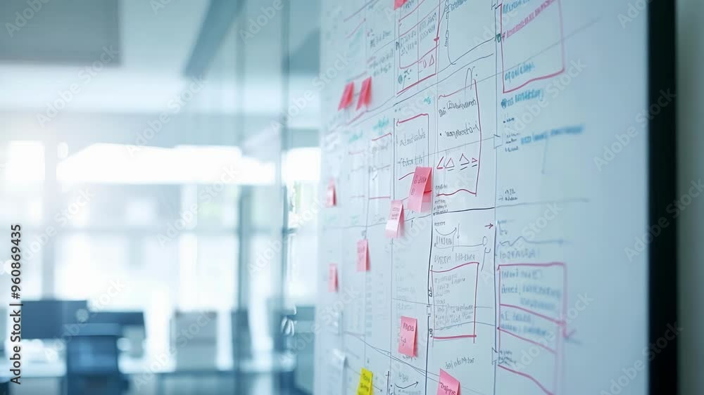 Aufkleber whiteboard is showing a project development workflow using kanban methodology in a bright and modern