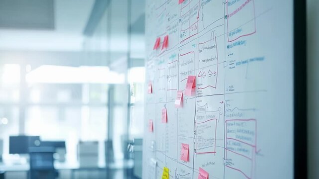 Whiteboard is showing a project development workflow using kanban methodology in a bright and modern startup office. The image suggests an innovative and collaborative work environment