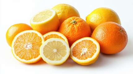 Fototapeta premium Fresh citrus fruits, including oranges and lemons, with some slices revealing their juicy interiors, isolated on a white background