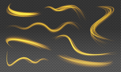 Swirling glow dynamic neon circles. Rotating shining rings. Shine magic gold swirl with flare sparkles . Golden glowing shiny spiral lines effect. Curved yellow line light. Glittering wavy trail. 
