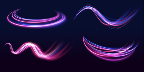 Set of neon blurry light circles at motion. Futuristic neon ribbons illustration, great for eye-catching graphics. Sleek luminous streaks design, fitting for high-energy themes. 