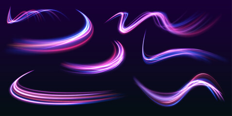 Set of glowing speed spirals on dark background for your neon design. Abstract vector fire circles, sparkling swirls and energy light spiral frames. 