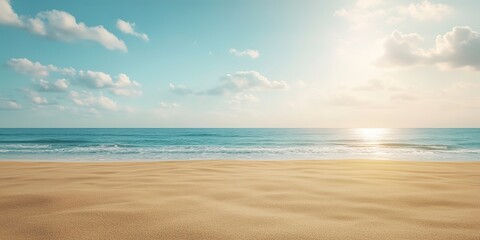 Fototapeta premium Empty beach and sky background in summer with copy space. Travel and vacation concept. Template for advertising design, cosmetic, beauty. Product display or montage.