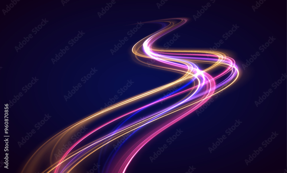 Poster light trail wave, fire path trace line, car lights, optic fiber and incandescence curve twirl. rotat