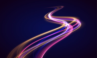 Light trail wave, fire path trace line, car lights, optic fiber and incandescence curve twirl. Rotating dynamic neon circle. Colored shiny sparks of spiral wave.	