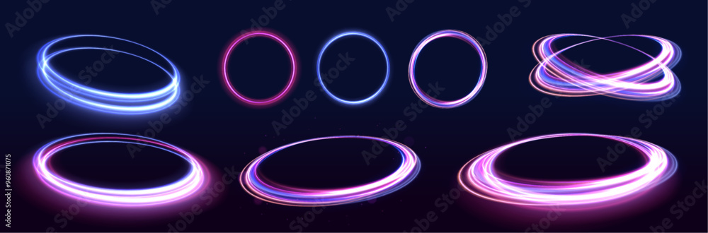 Poster 	
Neon light circle of speed in the form of a round whirlpool. Curve blue line light effect. Luminous spiral round frame.	