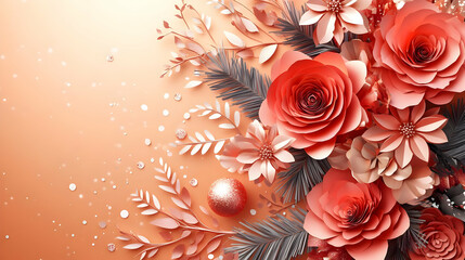 Festive Paper Flowers with Glitter Background