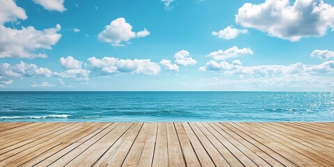 Obraz premium empty wooden flooring deck in front and blue summer sky with clouds and sea or ocean with turquoise water and waves in the background summer vacation sea shoreline with deck floor
