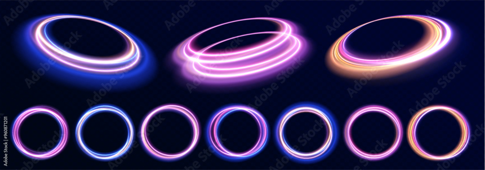Poster Abstract ring background with glowing swirling background. Vector swirl trail effect. Abstract vector fire circles, sparkling swirls and energy light spiral frames.	
