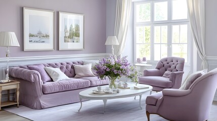 A beautifully designed living room featuring soft lavender walls matching lavender furniture and delicate pastel accents creating a warm and serene ambiance