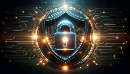 Digital Security Concept: Cybersecurity Shield Border with Glowing Lock and Copy Space for Protection and Safety Design in Photo Stock