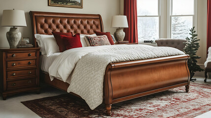 Luxurious Bedroom Interior Design with Sleigh Bed and Red Pillows