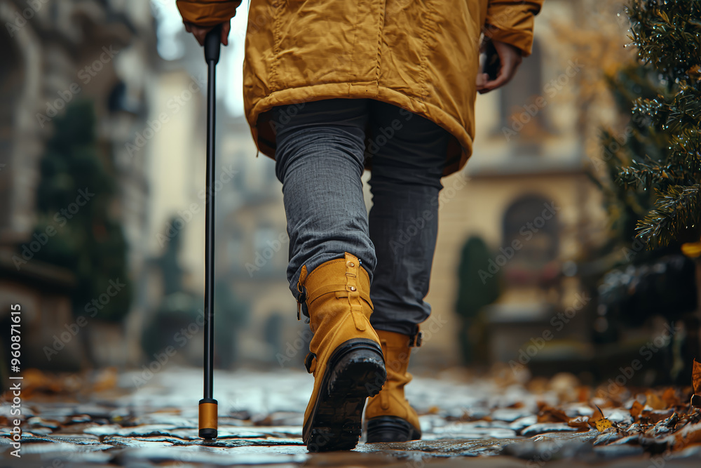 Poster a person using a cane to assist with walking due to mobility issues, reflecting the challenges of co