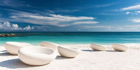 Obraz premium A luxury beach club with an abstract design, its modern loungers arranged on the white sand, facing the sea. copy space for text. 