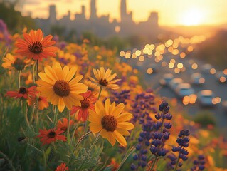 Vibrant wildflowers in foreground, city skyline in background at sunset.