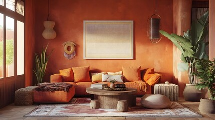 Cozy and inviting living room design featuring warm orange walls terracotta toned accents and a harmonious contemporary style that creates a relaxing and sophisticated atmosphere