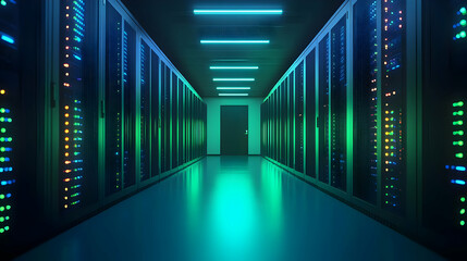 Fototapeta premium Server Room Data Center Corridor with Neon Lights