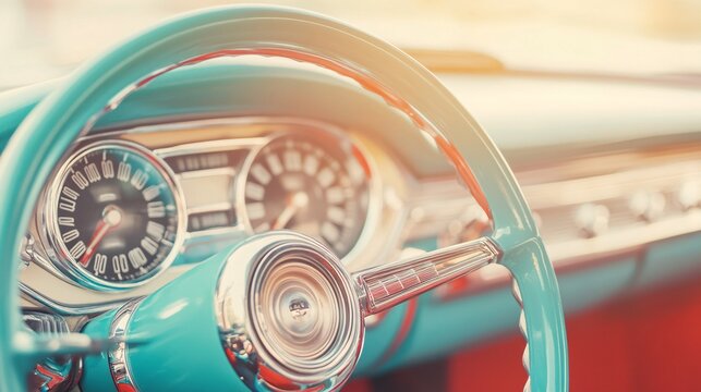 Vintage car interior with a retro turquoise steering wheel and classic gauges.