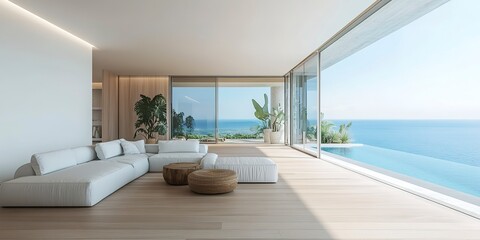 Naklejka premium Sea view empty large living room of luxury summer beach house with swimming pool near wooden terrace. Big white wall background in vacation home or holiday villa. Hotel interior 