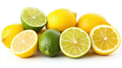 Fototapeta premium Fresh lemons and limes, whole and sliced, with their vibrant colors, isolated on a white background