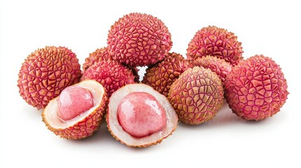 Fresh lychees with vibrant red skin, some peeled to reveal the juicy flesh, isolated on white