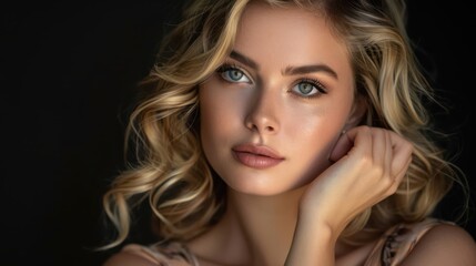 Obraz premium Sophisticated Beauty: A portrait of a beautiful woman with refined makeup, highlighting her elegance and poise.