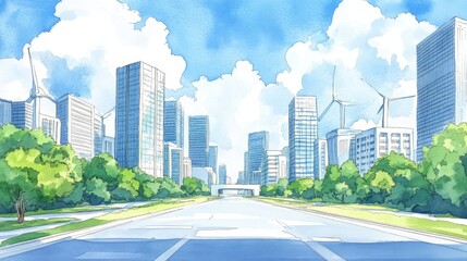 Obraz premium Futuristic cityscape, wind turbines integrated into buildings, sleek architecture, Watercolor