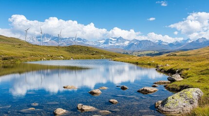 Fototapeta premium A vibrant wind farm at the lake's edge, with its turbines towering against the snow-capped mountains, reflecting in the crystal-clear water. Dynamic skies enhance the tranquility