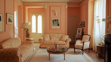 Inviting Peach Toned Living Room with Soft Furnishings and a Soothing Contemporary Design Aesthetic