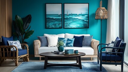 Calming and Sophisticated Living Room with Oceanic Blue Hues and Coastal Accents  A tranquil and stylish interior design featuring turquoise walls navy blue accents