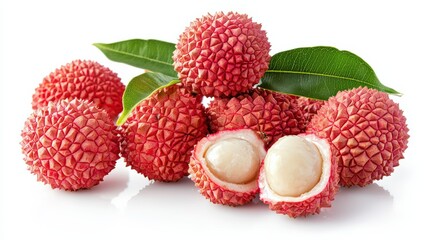 Fresh lychees with vibrant red skin, some peeled to reveal the juicy flesh, isolated on white