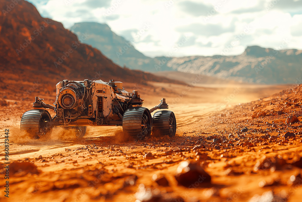 Poster a close-up view of the surface of mars with the curiosity rover exploring its red soil and rocky lan