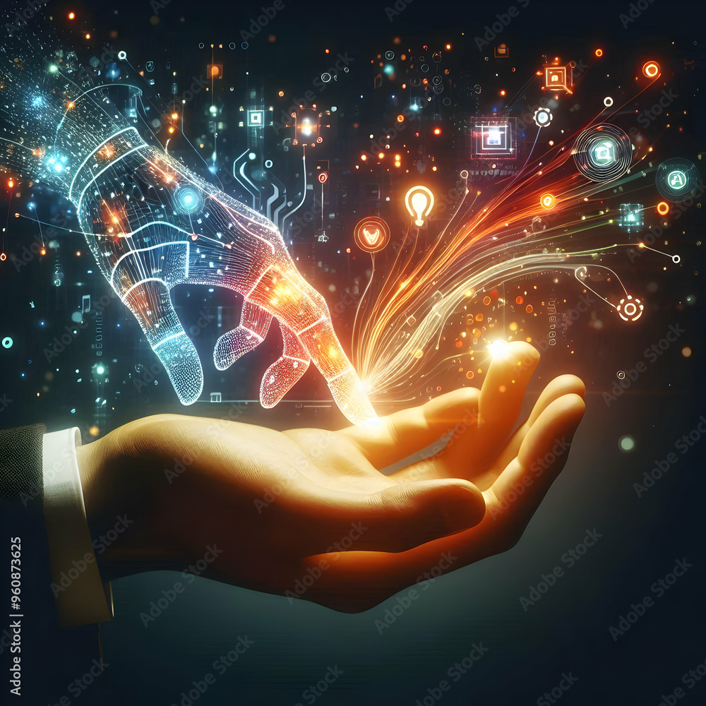 Poster flat abstract glowing digital hand interacting with data concept | dynamic and vibrant smart busines