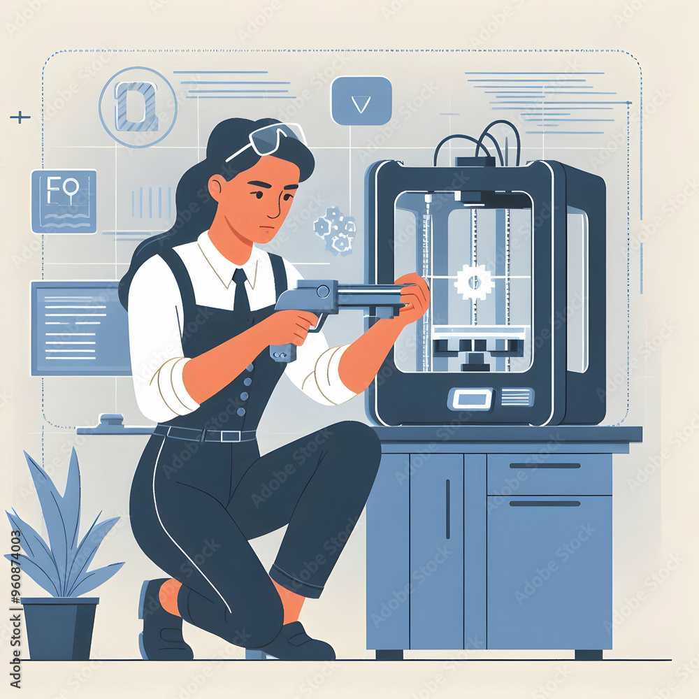 Poster modern tech lab: technician calibrating 3d printer for precision | hands-on skills in smart business