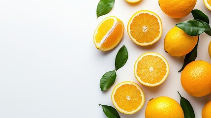 Fresh oranges and lemons, sliced and whole, on a white background, bright and juicy