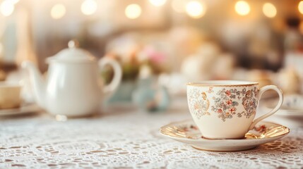 A delicate porcelain teacup with floral patterns sits elegantly on a lace tablecloth.