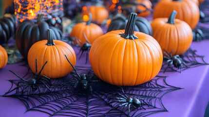 Halloween Pumpkins and Spiders on Purple Tablecloth