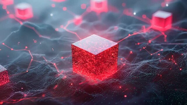 Red cubes float in misty environment. Glowing objects interconnected by energy beams. Complex fractal structure simulates data connections, evoking cybersecurity and information theory concepts.	