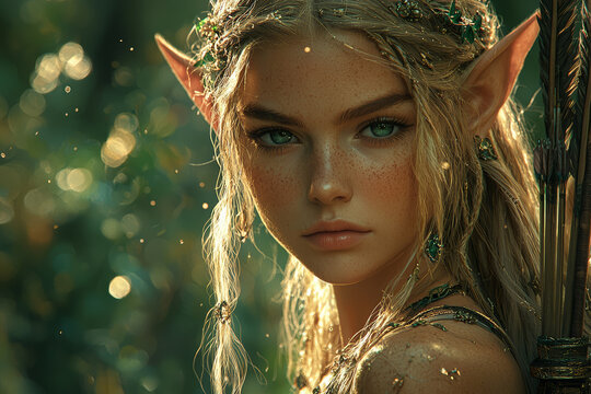 An elegant elf in a forest glade, with pointed ears and a bow, blending seamlessly with the surrounding foliage. Concept of elven grace and woodland harmony.