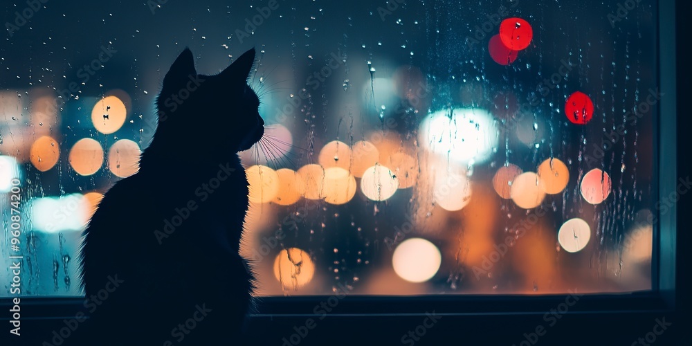 Sticker Silhouette of a cat gazing out a rainy window at city lights.