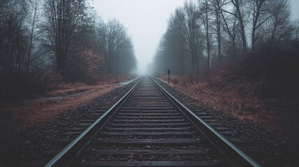 Fototapeta premium A misty railway track surrounded by trees, creating a mysterious and serene atmosphere.