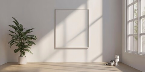 Fototapeta premium Frame or Poster mock up in living room and cat with window shadow on white wall background. 
