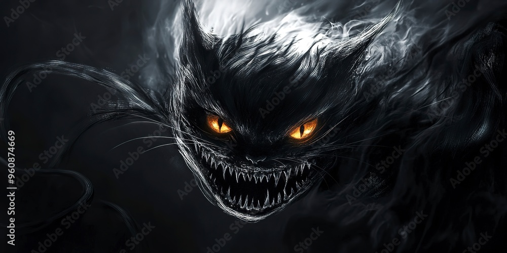 Sticker menacing animeinspired shadow creature cheshire cat grin gleaming eyes inky black form sharp contrast unsettling atmosphere horror elements dynamic composition sense of lurking danger