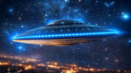 Obraz premium UFO Spaceship Flying Over City Lights At Night
